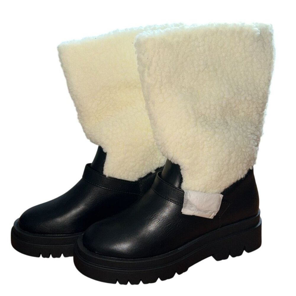 JustFab Scout Sherpa Boots-Black Caviar Faux Leather W/ Faux Fur Lining-Sz 7-NWB